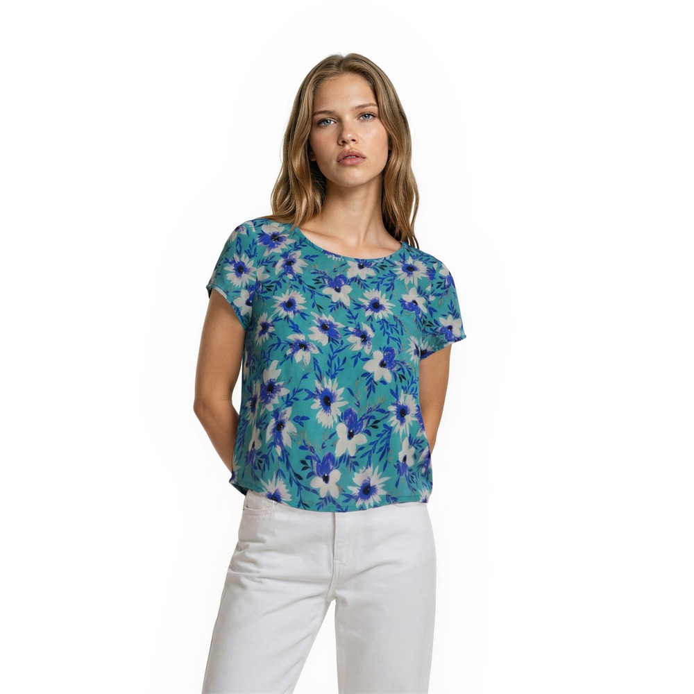 Yumi Kim 100% Silk Blouse Women's Size Small Teal Blue Floral Scoop Neck Top